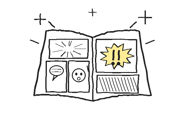 コマ割りされた漫画のページから「!!」が飛び出す様子を描いた、手描き風のイラストです。